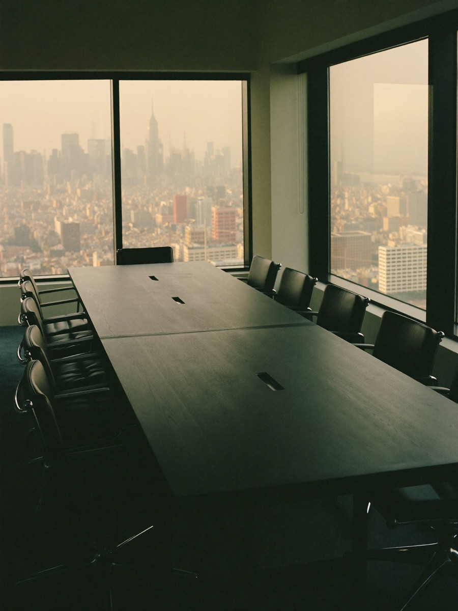 Empty boardroom overlooking a city skyline